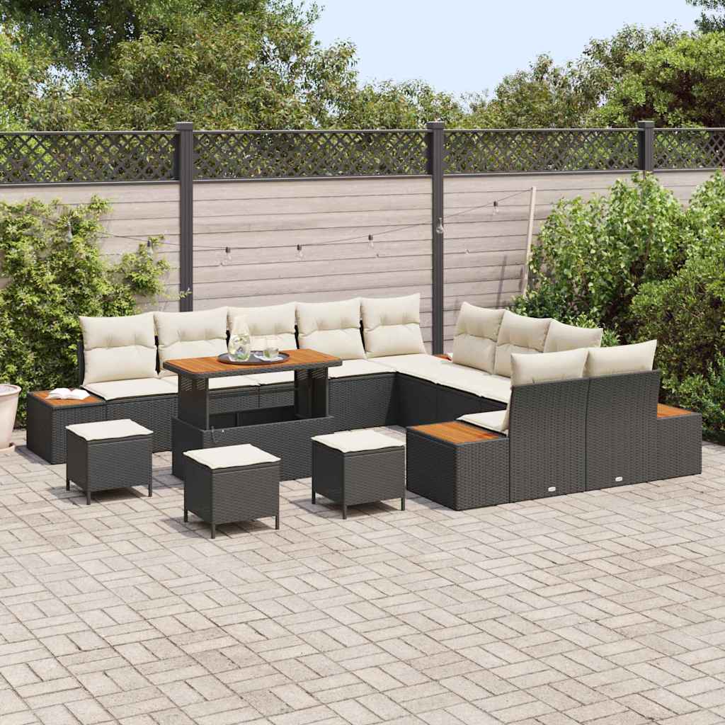 Garten-Sofa-Set mit Kissen mit Speicher Schwarz Poly Rattan
